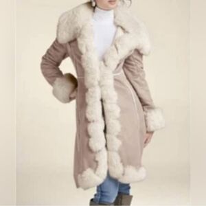 Venus Faux Suede Jacket W/Faux Fur Trim Beige Winter White Penny Lane Size S